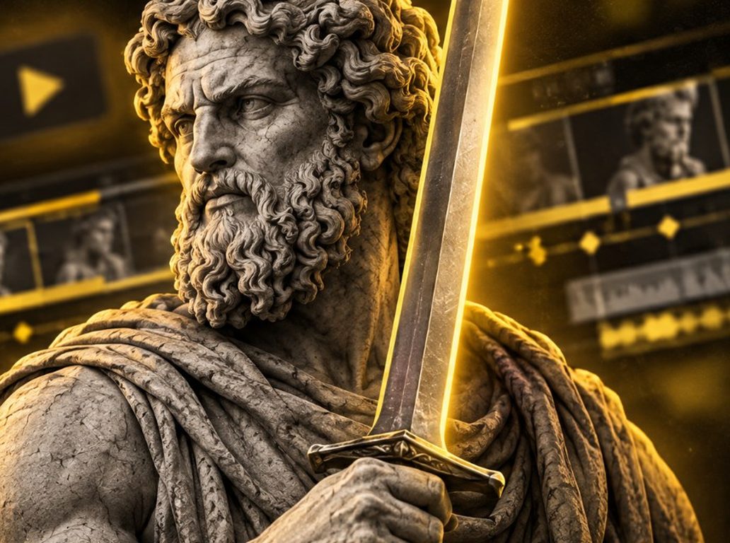 Estátua de mármore com uma espada, a imagem do Editor Afiado