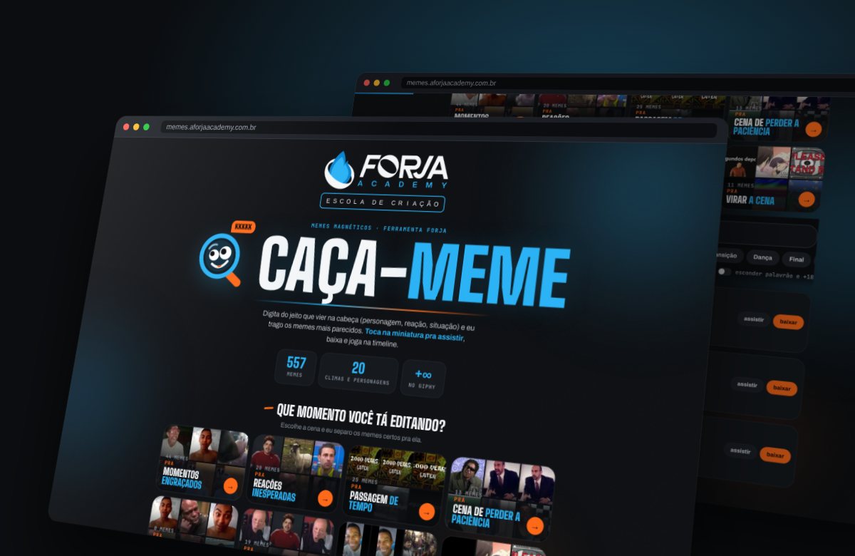 Tela do Caça-Meme: busca por momento e lista de memes