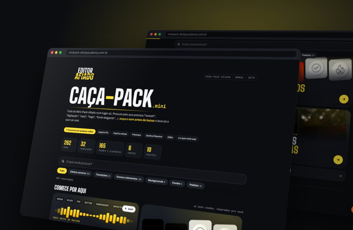 Tela do Caça-Pack.mini: busca, contadores e categorias